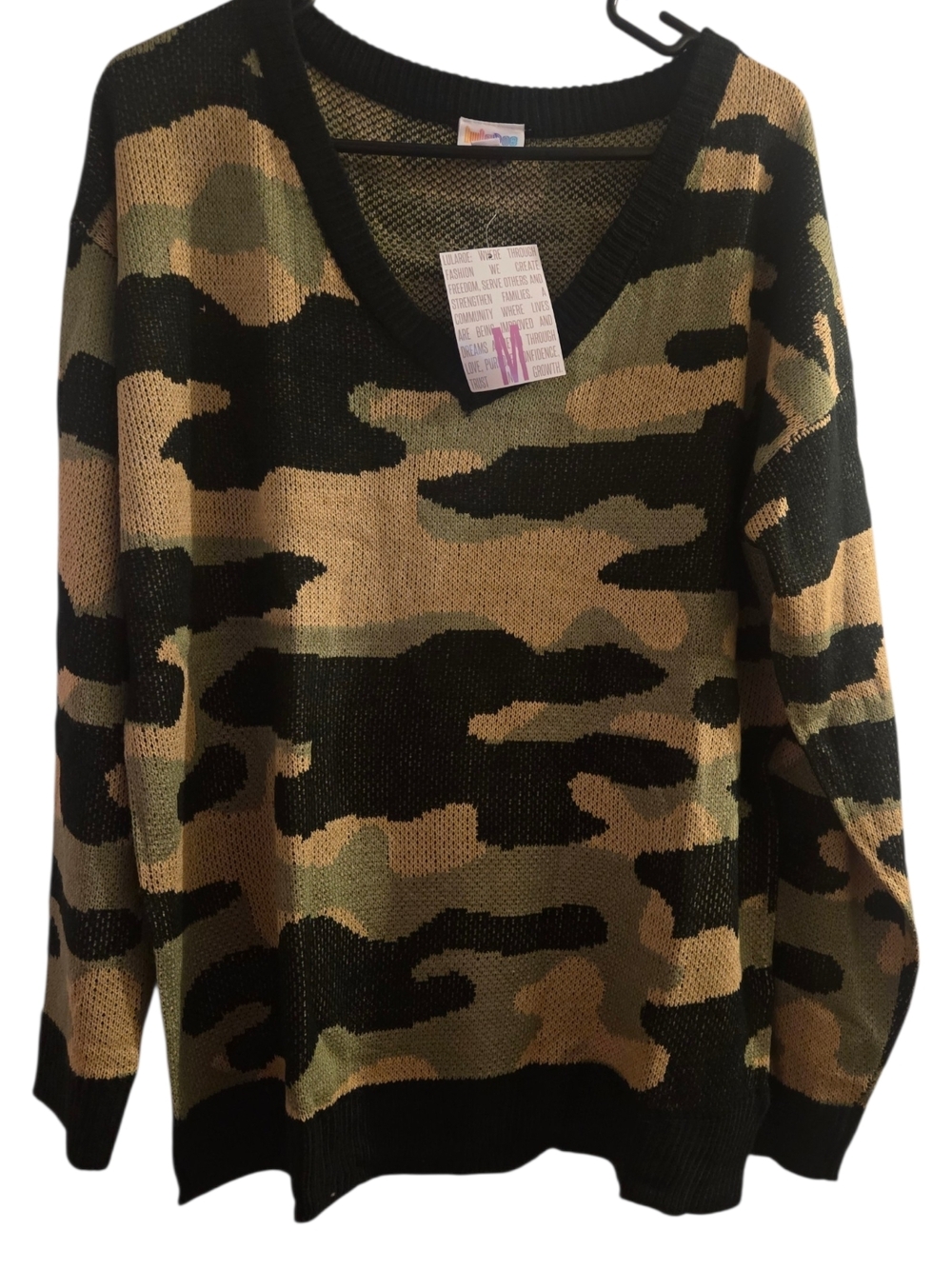 LuLaRoe Women's V-Neck Sweater in Camo Green Black Brown